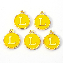 Letter L Golden Plated Alloy Enamel Charms, Enamelled Sequins, Flat Round with Letter, Gold, Letter.L, 14x12x2mm, Hole: 1.5mm