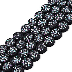 Noir Brin de perles pate polymère faits à la main , plat rond avec des yeux, noir, 9~10x4.5~5mm, Trou: 1.6mm, Environ 37~40 pcs/chapelet, 14.06 pouces ~ 15.35 pouces (35.7~39 cm)