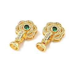 Golden Rack Plating Brass Micro Pave Clear & Green Cubic Zirconia Fold Over Clasps, Cadmium Free & Lead Free, Long-Lasting Plated, Flower, Golden, Flower: 13.5x13.5mm, Clasp: 14x7mm, Inner Diameter: 4.8mm