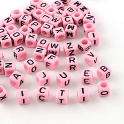 Pearl Pink Letter Style Opaque Acrylic Beads, Horizontal Hole, Cube, Pearl Pink, 6x6x6mm, Hole: 3.5mm, about 2700pcs/500g