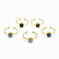 Golden Electroplate Natural Druzy Agate Cuff Finger Rings, with Brass Findings, Golden, 19mm, 1.5~2.5mm