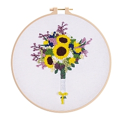 Jaune Kit de broderie bricolage motif fleur, y compris les aiguilles à broder et le fil, tissu en coton, jaune, 210x210mm