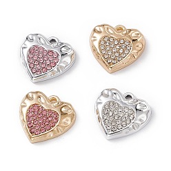 Mixed Color Alloy Rhinestone Pendants, Heart Charm, Platinum & Light Gold, Mixed Color, 15x15x3.5mm, Hole: 1.4mm