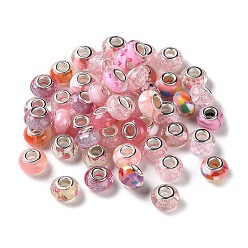 Pink Resin European Beads, with Platinum Plated Brass Core, Rondelle, Pink, 13.5x9mm, Hole: 5mm