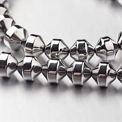 Silver Plated Electroplate Non-magnetic Synthetic Hematite Bead Strands, Bicone, Silver Plated, 8x8mm, Hole: 1mm, about 50pcs/strand, 15.7 inch