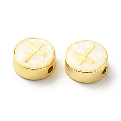 Antique White Rack Plating Brass Enamel Beads, with Shell Chips, Long-lasting Plated, Cadmium Free & Lead Free,Flat Round with Cross, Golden, Antique White, 11x4.5mm, Hole: 1.8mm