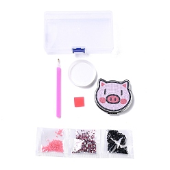 Rose Nacré Mini kits de miroir de maquillage de peinture de diamant en forme spéciale de cochon de bricolage, miroirs de courtoisie rabattables des deux côtés, avec strass, stylo, bac en plastique et boue de forage, perle rose, 74x80x12.5mm