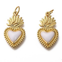 Blanco Colgantes de esmalte dorado de latón, con anillos de salto, larga duración plateado, corazón, blanco, 22x12x3 mm, agujero: 3.5 mm