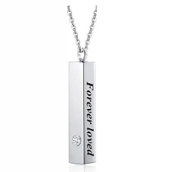 Stainless Steel Color Cuboid with Word Forever Loved Urn Ashes Pendant Necklace with Rhinestone, 201 Stainless Steel Pet Memorial Jewelry for Men Women, Stainless Steel Color, 19.6 inch(50cm)