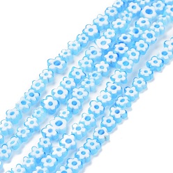 Bleu Clair Main millefiori perles de verre brins, fleur, bleu clair, 5.5~8x2.5mm, Trou: 1mm, Environ 64~67 pcs/chapelet, 15.75 pouces ~ 16.34 pouces (40~41.5 cm)