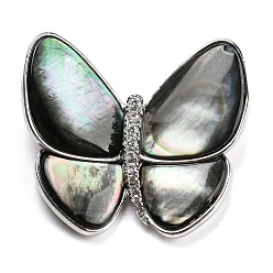 Platinum Black Lip Shell Broochs, Butterfly with Heart Brass Rhinestone Pins for Women, Platinum, 32x36x9mm, hole: 5x3mm
