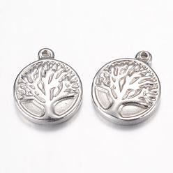 Stainless Steel Color 304 Stainless Steel Charms, Flat Round with Tree of Life, Stainless Steel Color, 15.5x13x3mm, Hole: 1mm