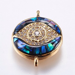Golden Brass Micro Pave Cubic Zirconia Links, with Abalone Shell/Paua Shell, Evil Eye, Golden, 19~20x14.5x4mm, Hole: 1mm