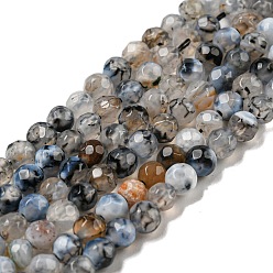 Gris Brins de perles d'agate craquelée de feu naturel, teint, facette, ronde, grises , 4mm, Trou: 1mm, Environ 87~90 pcs/chapelet, 13.8~14.6 pouce