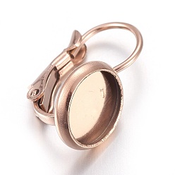 Rose Gold Ion Plating(IP) Stainless Steel Leverback Earring Settings, Flat Round, Rose Gold, Tray: 8mm, 17x10mm, Pin: 0.7mm