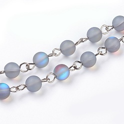 Moonstone Handmade Natural Moonstone Beads Chains, Unwelded, with Platinum Tone Iron Eye Pin, Round, 13.5~14x6.5mm, 39.37 inch(1m)/strand