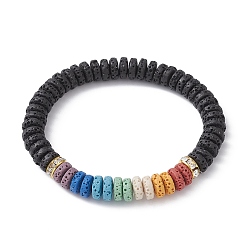 Colorful Dyed Natural Lava Rock Disc Beaded Stretch Bracelets for Women, Colorful, Inner Diameter: 2-1/8 inch(5.3cm)