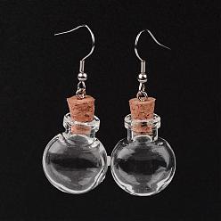 Stainless Steel Color Flat Round Glass Wishing Bottle Dangle Earrings, with 304 Stainless Steel Earring Hooks and Iron Findings, Stainless Steel Color, 50mm, Pin 0.7mm, Capacity: 1.2ml(0.04 fl. oz)