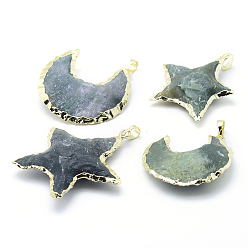 Indian Agate Natural Indian Agate Pendants, with Brass Findings, Star with Moon, 42~51x38~49.5x10~12mm, Hole: 5x6~7mm