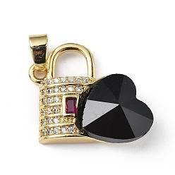 Black Real 18K Gold Plated Rack Plating Brass Micro Pave Clear Cubic Zirconia Pendants, with Glass, Long-Lasting Plated, Cadmium Free & Lead Free, Lock with Heart Charm, Black, 23x19x8mm, Hole: 5x3.2mm