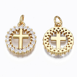 Real 16K Gold Plated Brass Micro Pave Clear Cubic Zirconia Pendants, with Jump Rings, Nickel Free, Ring with Cross, Real 16K Gold Plated, 16x13x3mm, Hole: 3mm