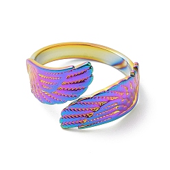 Rainbow Color Ion Plating(IP) 304 Stainless Steel Double Wings Open Cuff Ring for Women, Rainbow Color, US Size 7 1/4(17.5mm)