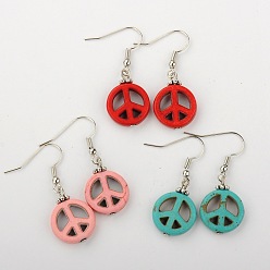 Mixed Color Dangle Peace Sign Earrings for Women, Synthetic Turquoise Earrings, with Brass Earrings Hooks, Platinum, Mixed Color, 37mm, Pin: 0.7mm