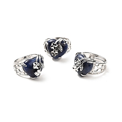 Sodalite Natural Sodalite Adjustable Rings, Platinum Tone Heart with Flower Brass Rings for Women, Cadmium Free & Lead Free, US Size 6 3/4(17.1mm), 4.5~9mm