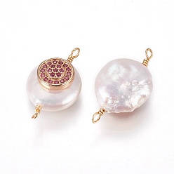 Camellia Natural Pearl Links connectors, with Cubic Zirconia and Brass Findings, Flat Round, Golden, Camellia, 22~25x13~15x7~10mm, Hole: 1.6mm