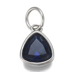 Dark Blue 304 Stainless Steel Cubic Zirconia Pendant, Triangle, Stainless Steel Color, Dark Blue, 12.5x9.5x5mm, Hole: 5mm