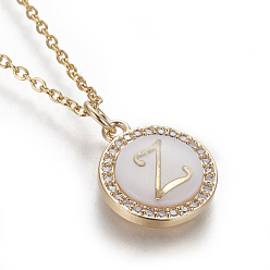 Letter Z Brass Initial Pendant Necklaces, with Shell, Cubic Zirconia and 304 Stainless Steel Cable Chains, Flat Round with Letter, Letter.Z, 17.5 inch(44.5cm), 1.5mm