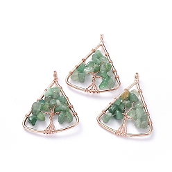 Green Aventurine Long-Lasting Plated Brass Pendants, Wire Wrapped Pendants, with Natural Green Aventurine Chips, Triangle with Tree, Rose Gold, 39~40x30~31x4~8mm, Hole: 4.5mm