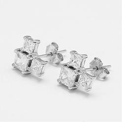 Platinum Rhodium Plated 925 Sterling Silver Stud Earrings, with Cubic Zirconia, Three Square, Platinum, 9x10x3mm, Pin: 0.7mm