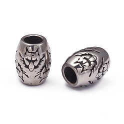 Antique Silver 304 Stainless Steel European Beads, Large Hole Beads, Barrel with Wolf, Antique Silver, 13x10.5mm, Hole: 5.5mm