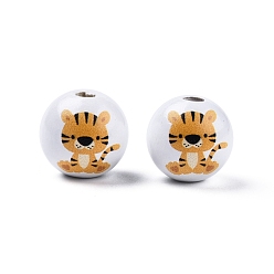Tigre Perles en bois imprimées sur le thème des animaux, ronde, motif de tigre, 15.5~16x15mm, Trou: 3.5mm