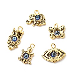 Golden Alloy Pendants, with Resin Beads, Butterfly/Owl/Turtle/Elephant with Evil Eye, Golden, 14~24x11~21x4mm, Hole: 3mm