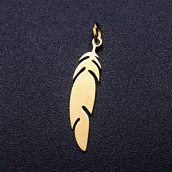 Golden 201 Stainless Steel Pendants, Stamping Blank Charms, with Unsoldered Jump Rings, Feather, Golden, 26x6x1mm, Hole: 3mm, Jump Ring: 5x0.8mm