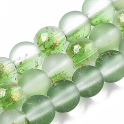 Lime Green Frosted Spray Painted Glass Beads Strands, with Golden Foil, Round, Lime Green, 6~7mm, Hole: 1.2~1.5mm, about 65~67pcs/Strand, 14.76 inch~15.12 inch(37.5~38.4cm)
