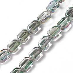 Dark Sea Green Electroplate Glass Beads Strands, Half Rainbow Plated, Rectangle, Dark Sea Green, 9.5x6~6.5x3.5mm, Hole: 1mm, about 68pcs/strand, 25.59''(65cm)