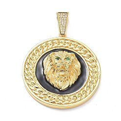 Real 18K Gold Plated Brass Micro Pave Cubic Zirconia Pendants, Long-Lasting Plated, with Enamel, Flat Round with Lion, Real 18K Gold Plated, 47x43x11mm, Hole: 9x6mm