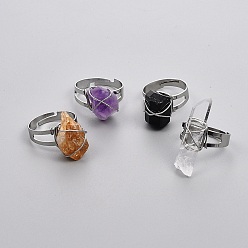 Смешанные камни Регулируемые кольца на пальцы с натуральными драгоценными камнями в проволочной обмотке, латунная фурнитура с платиновым покрытием, самородки, Размер: 9, внутренний диаметр: 19~19.5 мм