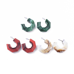 Mixed Color Acrylic Stud Earrings, Half Hoop Earrings, with 304 Stainless Steel Stud Earring Findings and Plastic Ear Nuts, Mixed Color, 37x36x13.5~14mm, Pin: 0.7mm