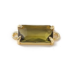 Olivine Transparent K9 Glass Connector Charms, with Light Gold Plated Brass Findings, Faceted, Rectangle Links, Olivine, 20.5x8x4.5mm, Hole: 1.5mm