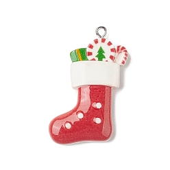Christmas Socking Pendentifs en résine opaque, charmes de noël, avec boucles en fer couleur platine, chaussette de noël, 40x25x6mm, Trou: 1.8mm