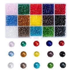 Color mezclado Perlas de vidrio de color sólido opaco, facetados, Rondana plana, color mezclado, 4x3 mm, agujero: 0.4 mm, 15 colores, 200 piezas / color, 3000 unidades / caja