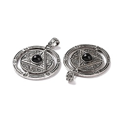 Obsidian Natural Obsidian Pendants, Flat Round with Hexagram Charms, with Antique Silver Plated Alloy Findings, 42.5x37x8mm, Hole: 5.5x4mm