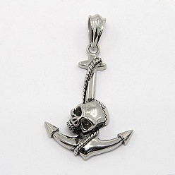 Antique Silver Retro Men's Halloween Jewelry 304 Stainless Steel Big Anchor with Skull Big Pendants, Antique Silver, 70x41x10mm, Hole: 12.5x8mm