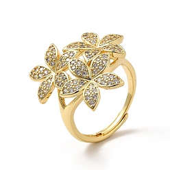 Real 18K Gold Plated Clear Cubic Zirconia Leaf Adjustable Ring, Brass Jewelry for Women, Cadmium Free & Lead Free, Real 18K Gold Plated, Inner Diameter: 18mm