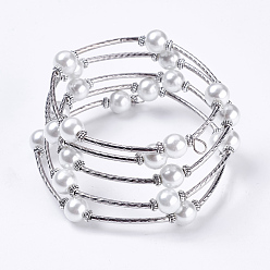 White Fashion Wrap Bracelets, Glass Pearl Bracelets with Tube Beads, White, Bracelet: about 60mm inner diameter, Sold per 40 Bracelets