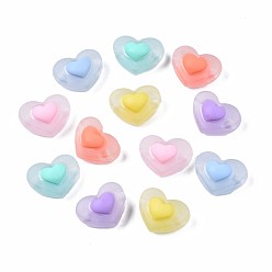 Mixed Color Transparent Acrylic Beads, Frosted, Bead in Bead, Heart, Mixed Color, 13x17x10mm, Hole: 2mm, about 400pcs/500g